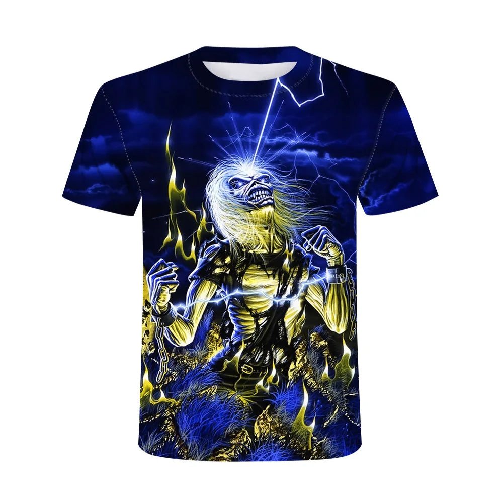 2025 New Men's Heavy Metal Rock 3D Print T-shirt Summer Casual Fashion Street Hip Hop