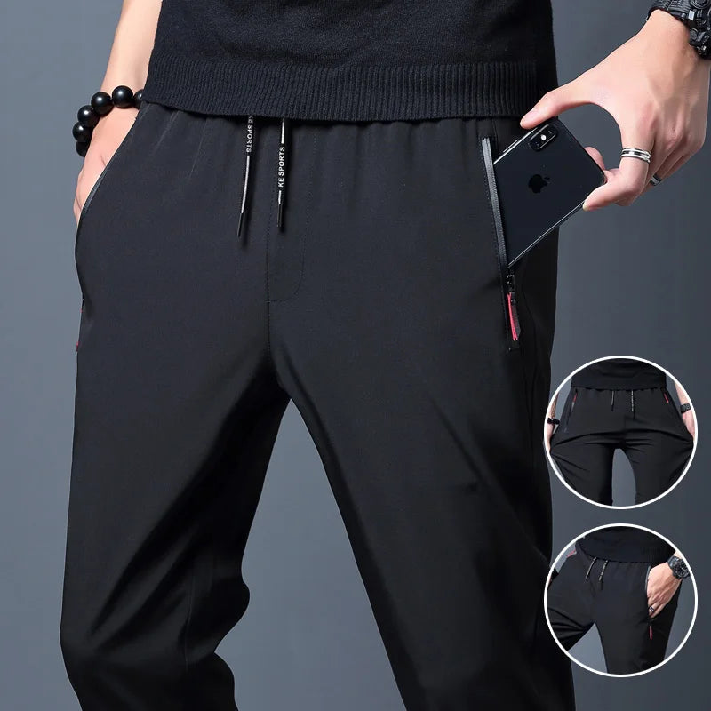 Men's Casual Pants Business Stretch Slim Fit Elastic Waist Jogger Korean Classic Blue Black Gray Male