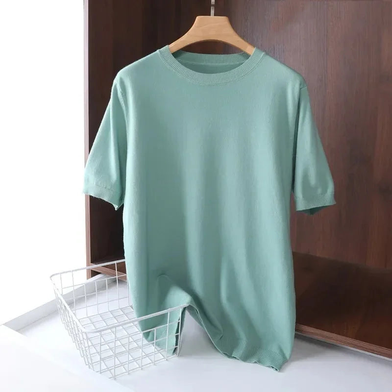 2025 Superfine Merino Wool T Shirt Men's Knitted O-neck Breathable Thin Cashmer Short Sleeve