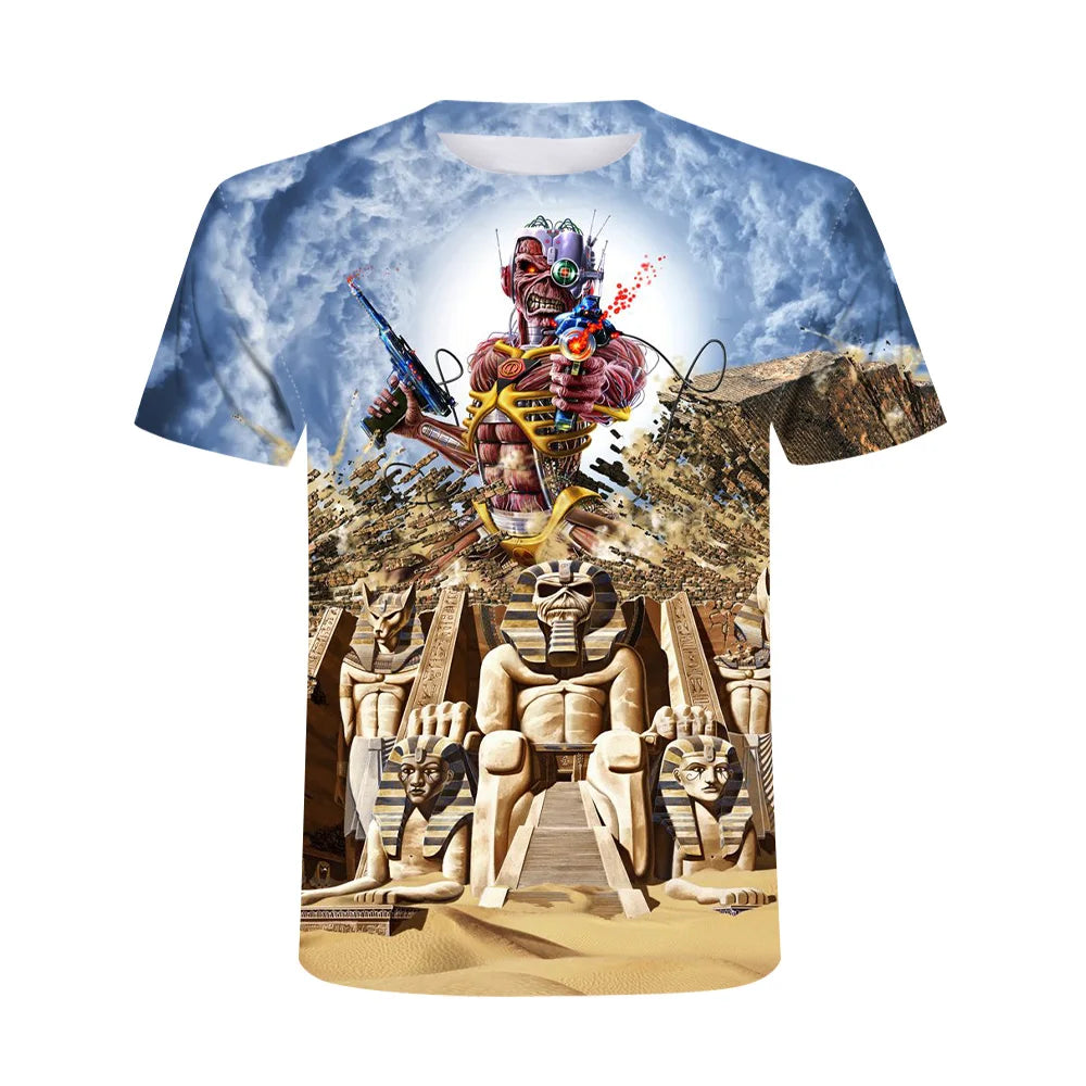 2025 New Men's Heavy Metal Rock 3D Print T-shirt Summer Casual Fashion Street Hip Hop