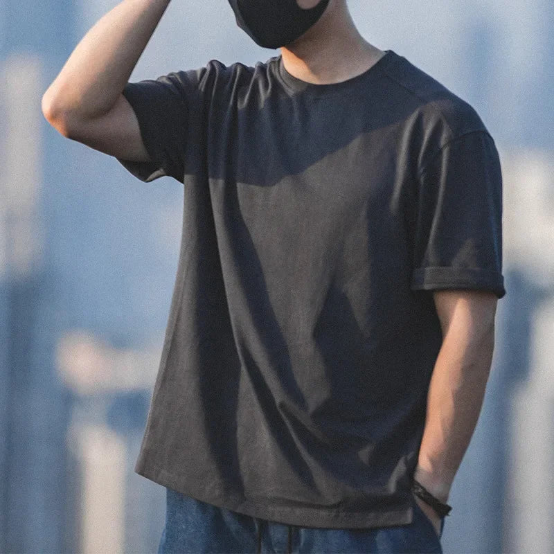 Maden Solid Color 100% Cotton Short Sleeve T-shirt for Men Ribbed O-Neck Casual Loose Fit Tees